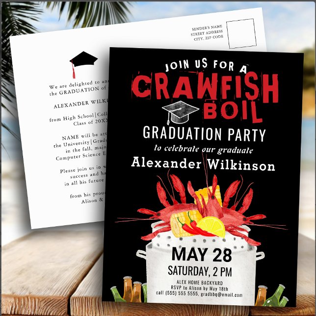 Einladung zur Red Crawfish Boil Graduation Party Postkarte (Von Creator hochgeladen)