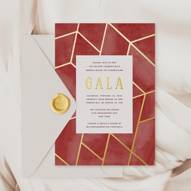 Einladung zur Red Geometric Gala Gold Foil (Red watercolor and gold foil Geometric Gala Invitation)