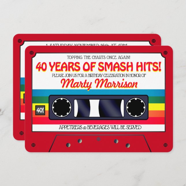 Einladung zur Retro Red Cassette Geburtstagsparty  (Vorne/Hinten)