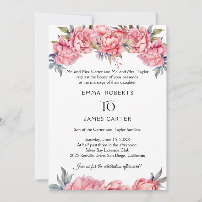 Einladung zur romantischen Peony Wedding (Vorderseite)