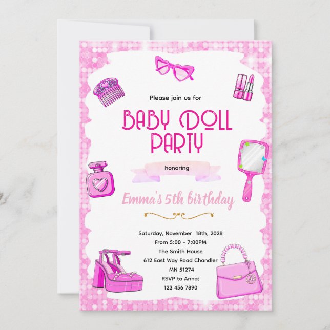 Einladung zur rosa Puppenparty (Vorderseite)