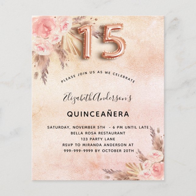 Einladung zur Rose von Quinceanera-Pampas-Gras (Vorderseite)