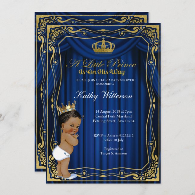 Einladung zur Royal Navy Blue Gold Prince Baby Dus (Vorne/Hinten)