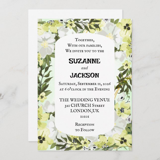 Einladung zur rustikalen neutralen Blütenhochzeit (Vorne/Hinten)