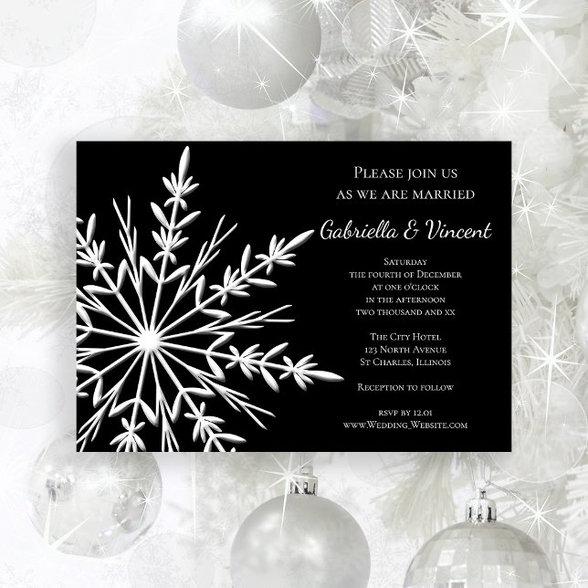 Einladung zur Schwarz-weißen Winterhochzeit (Invite guests to your wintery marriage with the Black White Snowflake Winter Wedding Invitation.)