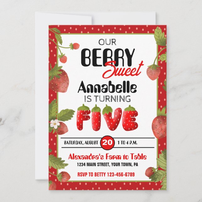 Einladung zur Strawberry Five Birthday Party (Vorderseite)