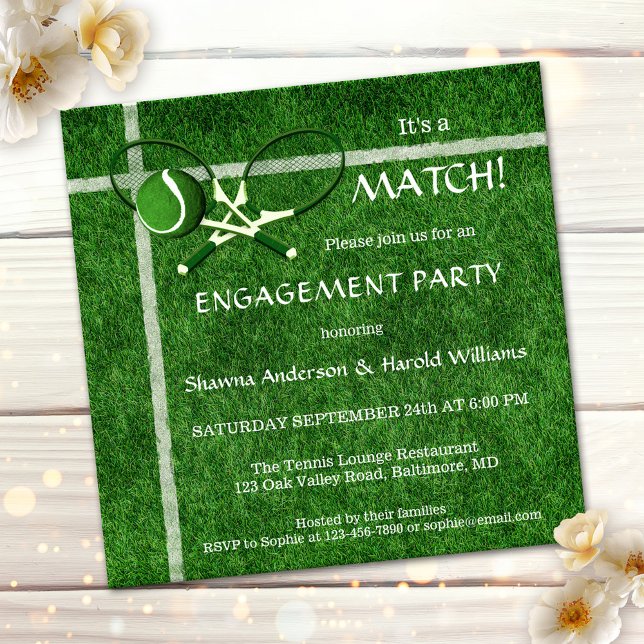 Einladung zur Tennismatte (Sportive engagement party invitation featuring two tennis rackets on green grass )