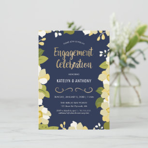 Einladung zur Verlobungsfeier, Floral Gold & Navy