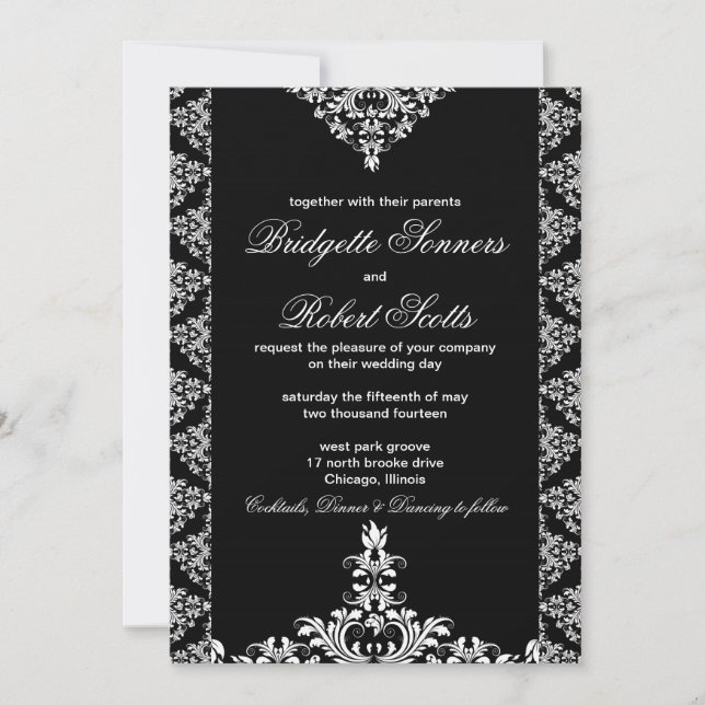 Einladung zur verzierten Black Damask Hochzeit (Vorderseite)