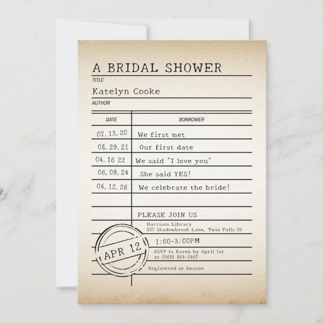 Einladung zur Vintagen Bibliothekskarte Bridal Dus (Vorderseite)