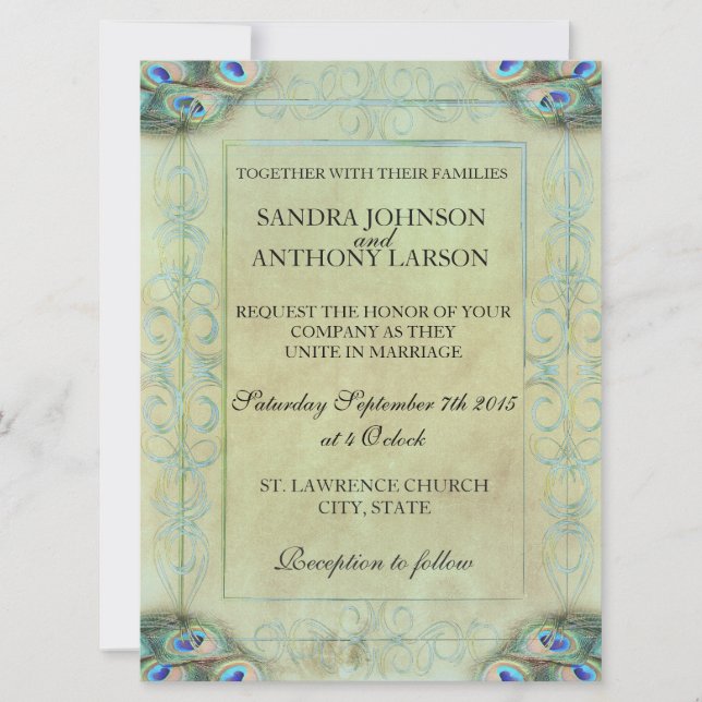 Einladung zur Vintagen Pfauenhochzeit (Vorderseite)