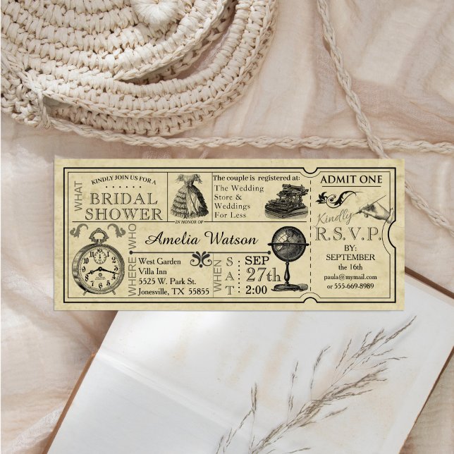 Einladung zur Vintagen Ticket Bridal Dusche (Vintage illustrations and typography ticket bridal shower invitation )