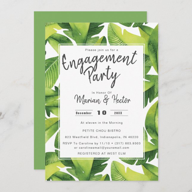 Einladung zur Watercolor Tropical Engagement Party (Vorne/Hinten)