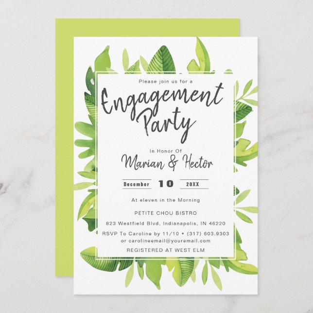 Einladung zur Watercolor Tropical Engagement Party (Vorne/Hinten)