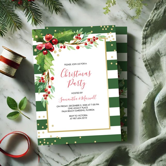 Einladung zur Weihnachtsfeier - Grüne Streifen (Christmas invitations green stripes watercolor red and green holly and berries)