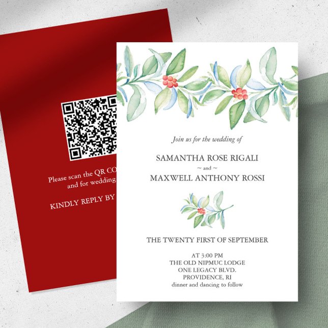 Einladung zur Winterhochzeit mit QR-Code (Christmas wedding invitation watercolor botanical art by Victoria Grigaliunas of Do Tell A Belle)