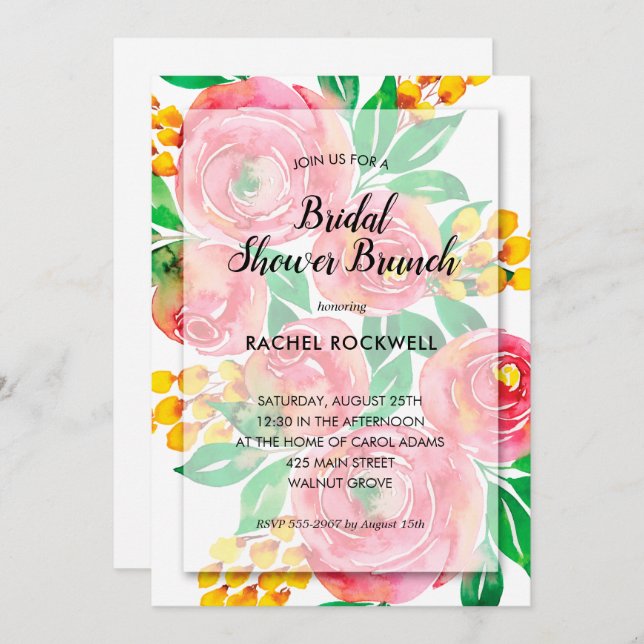 Einladungen: Aquarellfarbe Rosa Blumendusche (Vorne/Hinten)