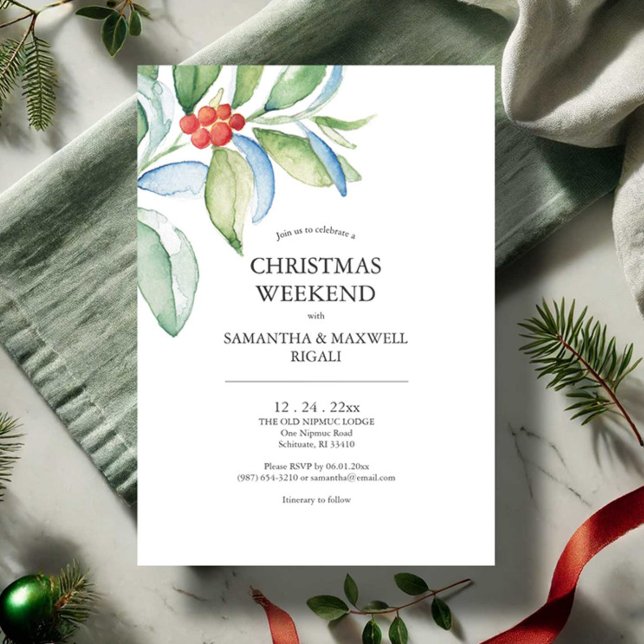 Einladungen der Einsatzpartei Feierliche Grünfläch (Christmas weekend invitations features botanical red and green watercolor art Victoria Grigaliunas)