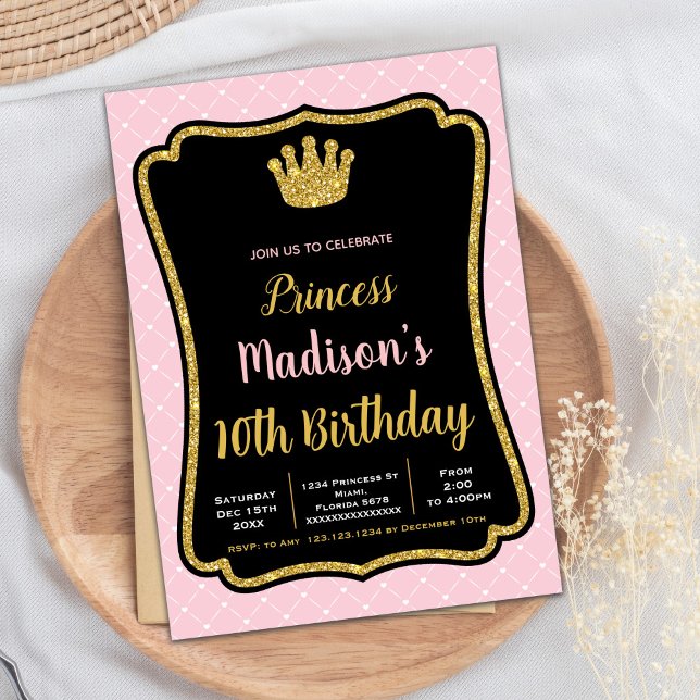 Einladungen der Kronprinzessin in Schwarz-Rosa-Rah (Black Pink Fram Crown Princess Invitations)