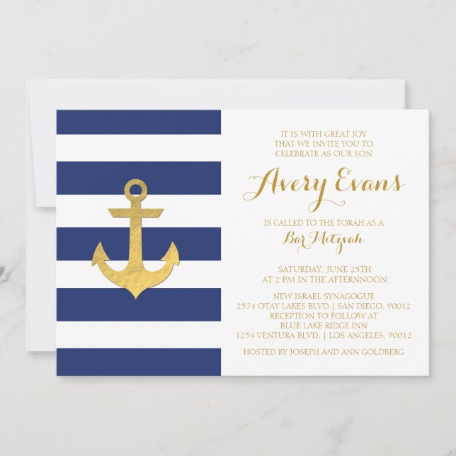 Einladungen der Nautical Navy Stripe Bat Mitzvah (Vorderseite)