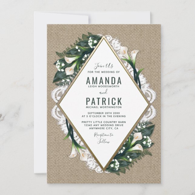 Einladungen für Calla Lily Burlap und Lace Wedding (Vorderseite)