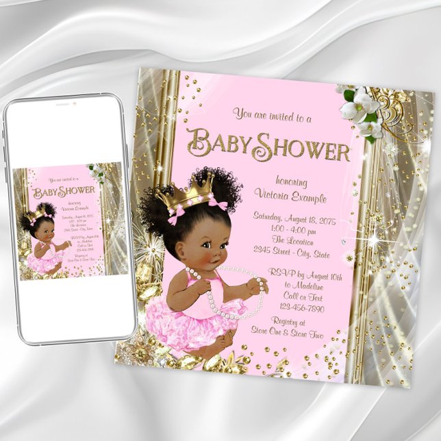 Einladungen für die afrikanisch-amerikanische Prin (Pink gold princess baby shower invitation. Instant download and printed invitations available.)