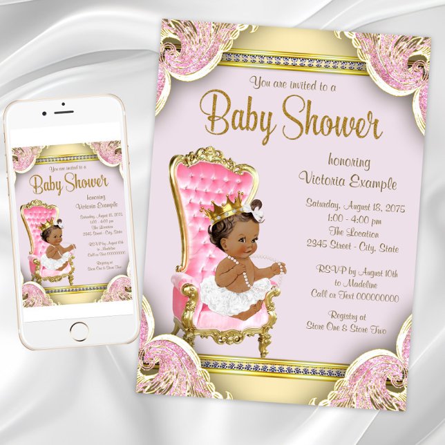 Einladungen für die afrikanisch-amerikanische Prin (Fancy pink gold baby shower invitation. Instant download and printed invitations available.)