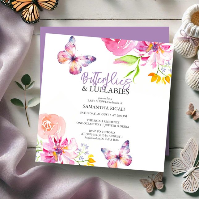 Einladungen für die Butterfly-Babydusche (Butterfly baby shower invitations purple watercolor art by Victoria Grigaliunas Do Tell A Belle)