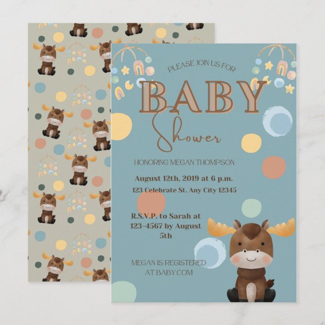 Einladungen für die Elch- und Mobile-Babydusche (Vorne/Hinten)
