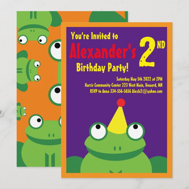 Einladungen für die Geburtstagsparty von Froschtie (Vorne/Hinten)