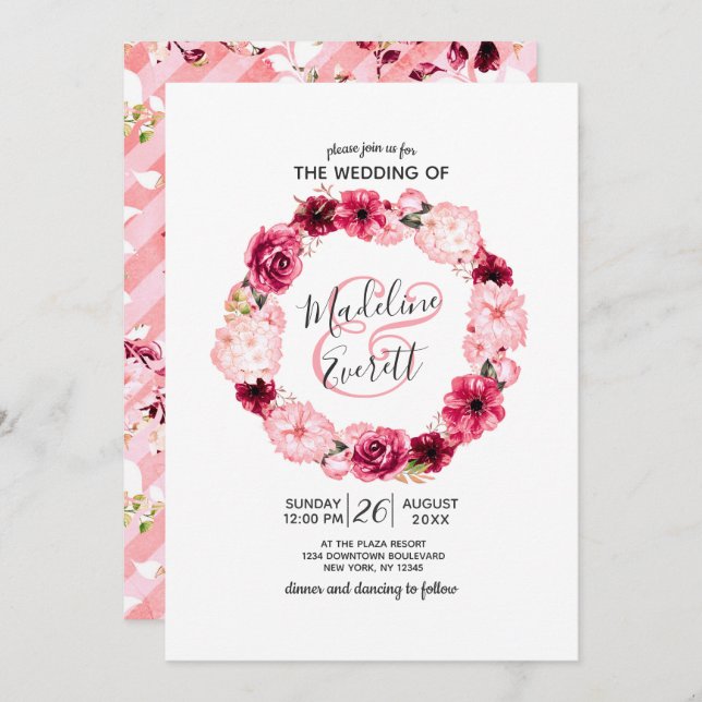 Einladungen für die Hochzeitsfeier in Pink & Burgu (Vorne/Hinten)