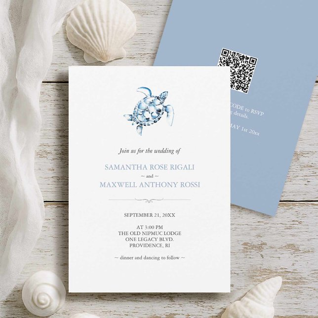 Einladungen für Hochzeiten am Strand mit QR-Code (Beach wedding invitations printing features a watercolor sea turtle and QR-code Do Tell A Belle)
