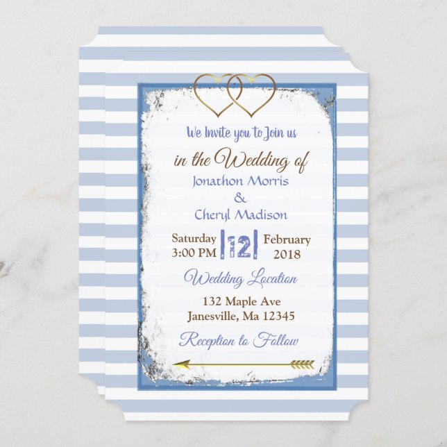 Einladungen für Hochzeiten in Blau und Weiß gestre (Vorne/Hinten)