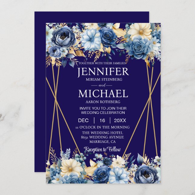Einladungen für Hochzeiten in Navy Blue und Gold (Vorne/Hinten)