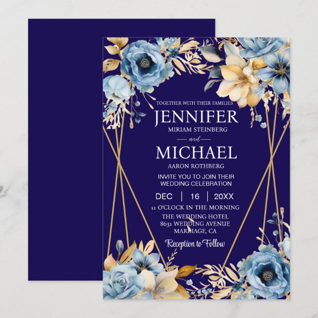 Einladungen für Hochzeiten in Navy Blue und Gold (Vorne/Hinten)
