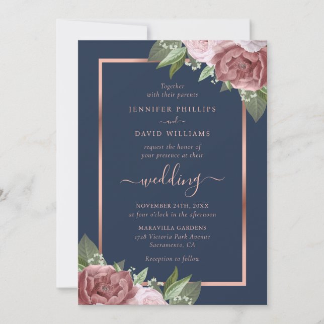 Einladungen für Hochzeiten in Navy Blue und Rose G (Vorderseite)