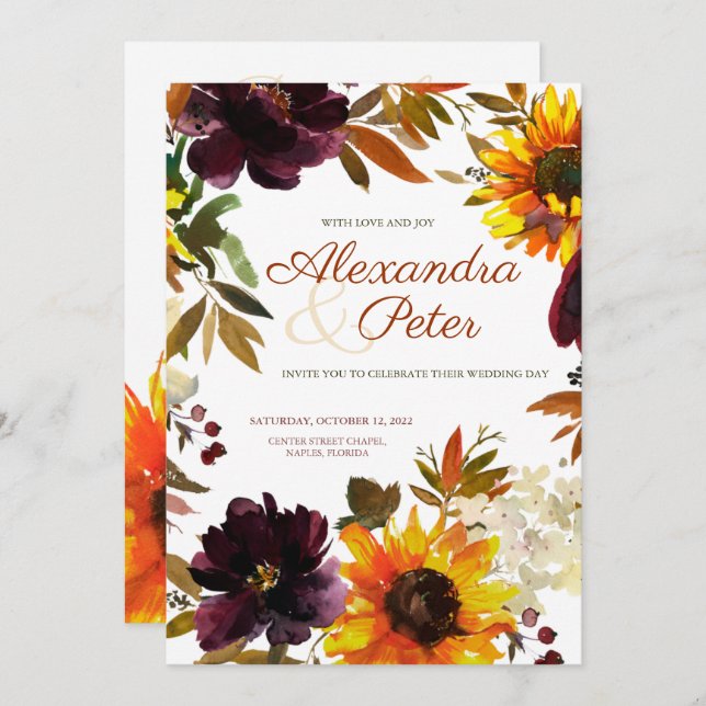 Einladungen für Hochzeiten mit Burgund & Gold (Vorne/Hinten)