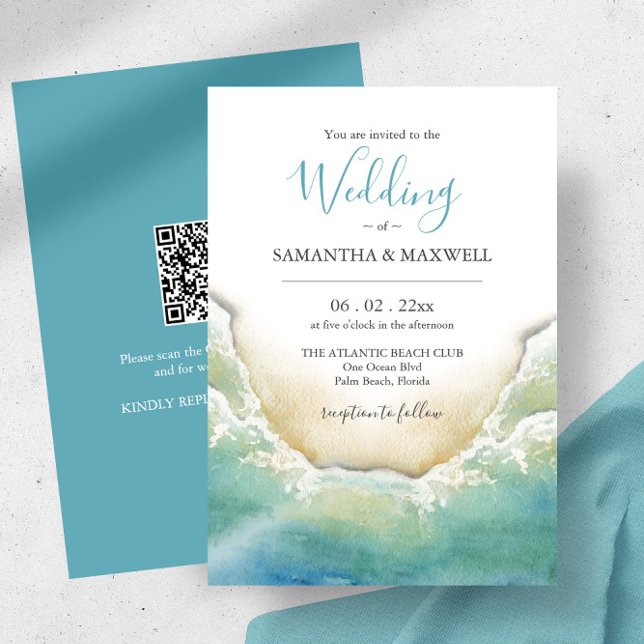 Einladungen für Hochzeitsfeiern zu einem einzigart (Beach wedding invitations with QR code features watercolor shoreline art by Victoria Grigaliunas)