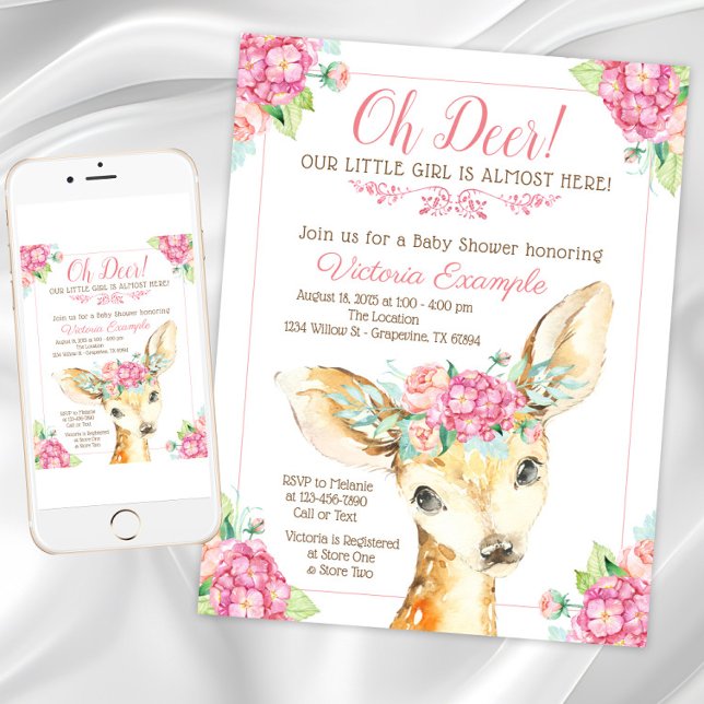 Einladungen für kleine Hirschbaby-Mädchen (Cute deer baby shower invitation. Instant download and printed invitations available.)