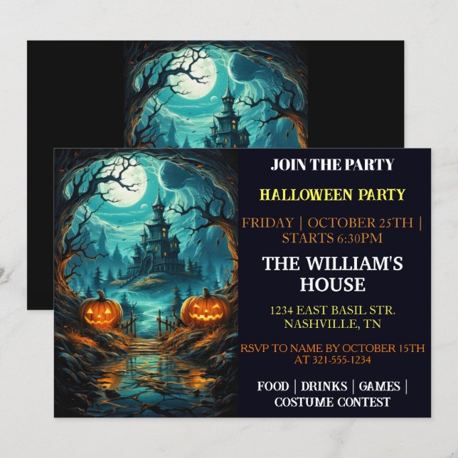 Einladungen für Spuk Manor Halloween-Party (Vorne/Hinten)