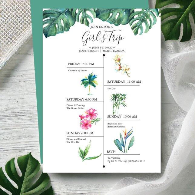 Einladungen für tropischen Junggeselinnen-Abschied (Tropical girls trip invitations watercolor monstera leaves and florals by Victoria Grigaliunas )