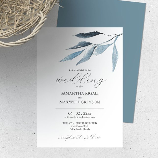 Einladungen Hochzeit Dusty Blue Botanicals (Dusty blue wedding invitation botanical watercolor leaves by Victoria Grigaliunas of Do Tell A Belle)
