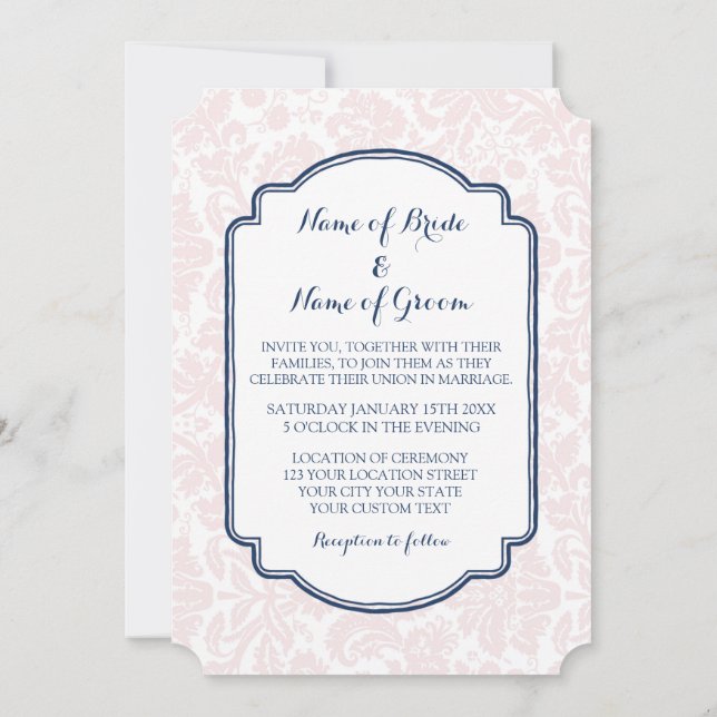 Einladungen Hochzeiten Blush Navy Blue Damask (Rückseite)