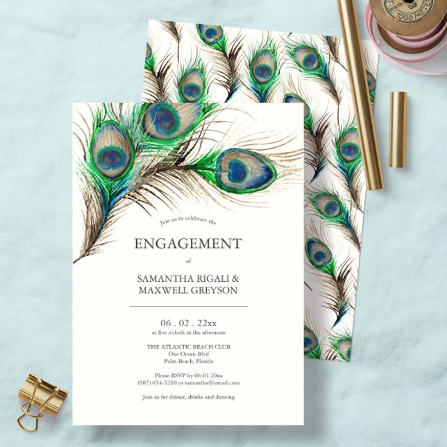 Einladungen von Interessenten Pfauenfedern (Engagement party invitations feature watercolor peacock feathers art by Victoria Grigaliunas)
