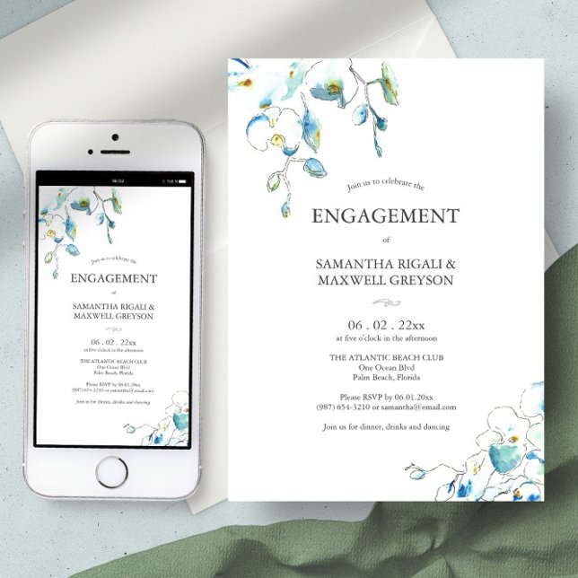 Einladungen von Partnerunternehmen Aquarellfarben- (Engagement party invitations blue watercolor floral orchid art by Victoria Grigaliunas )