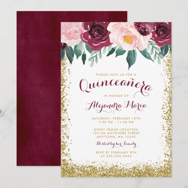 Einladungen zu Burgundy Gold Floral Quinceanera (Vorne/Hinten)