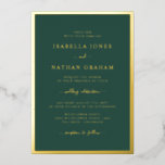 Einladungen zu einer Green Gold Foil Hochzeit<br><div class="desc">Einfach und stilvoll präsentiert sich diese elegante Hochzeitseinladung mit einem eleganten Rahmen und einem hübschen Kalligraphieskript,  das in echter Goldfolie auf smaragdgrünem Hintergrund gepresst wird.</div>
