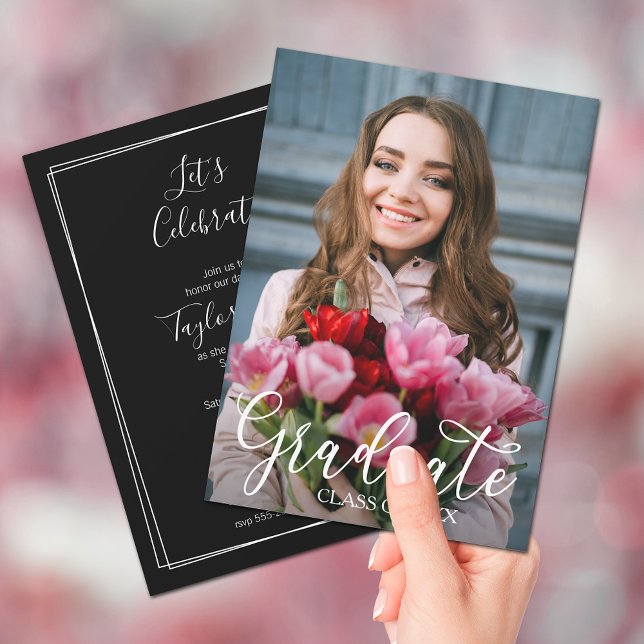 Einladungen zu eleganten Script-Foto-Graduation-Pa (Elegant Script 5" x 7" Photo Graduation Party Invitations)