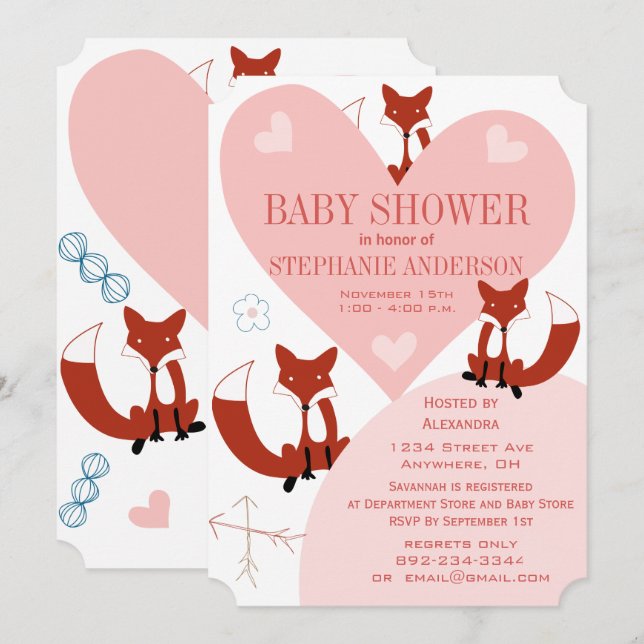 Einladungen zu Fox and Hearts Baby Girl Shower (Vorne/Hinten)