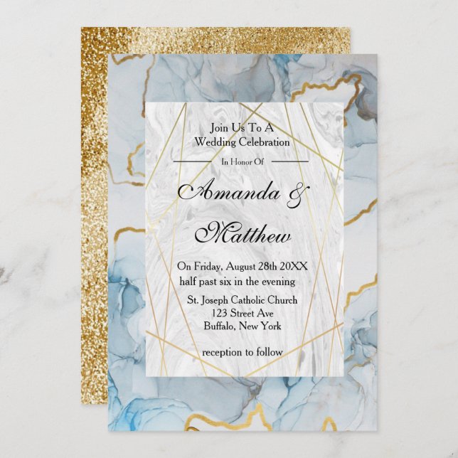 Einladungen zu Hochzeiten in Dusty Blue und Gold M (Vorne/Hinten)